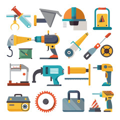 Collection of cartoon style tools on a white background