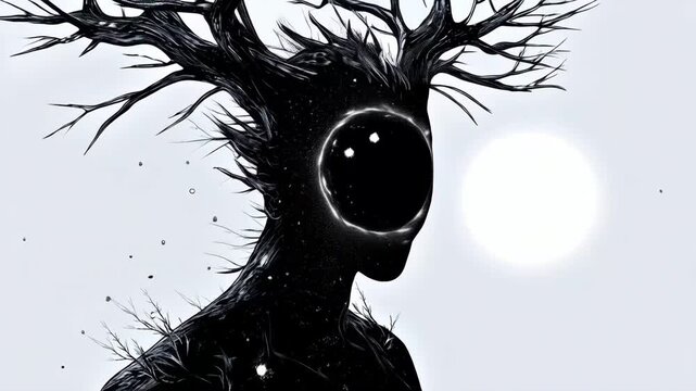 A surreal, cosmic entity stands in stark contrast against a pale, void-like background. Its form is humanoid but abstract&mdash;composed entirely of swirling, inky darkness, resembling space itself. Its fac