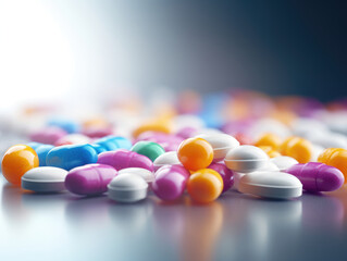 Colorful assortment of pills and capsules scattered on a reflective surface