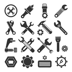 Black and white tool icons for maintenance and repair