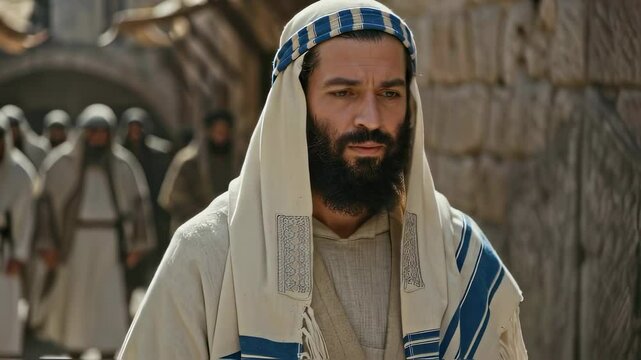 Jew, Elder, Apostle, Pharisee. Ancient biblical man of the Middle East walks through the market, on the street of an ancient town