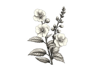 Vintage engraving of Speedwell flower, hand-drawn floral sketch, antique botanical illustration, rustic bloom motif, black sketch art, trendy vintage decor, old engraving print style.