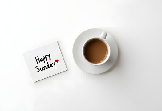 Minimalist Coffee and “Happy Sunday” Note on White Background – Calm and Peaceful Vibes