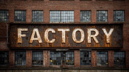 Obraz premium The view captures a weathered industrial building featuring rusted siding and a prominent, aged FACTORY sign, highlighting the decline of local manufacturing in an urban setting