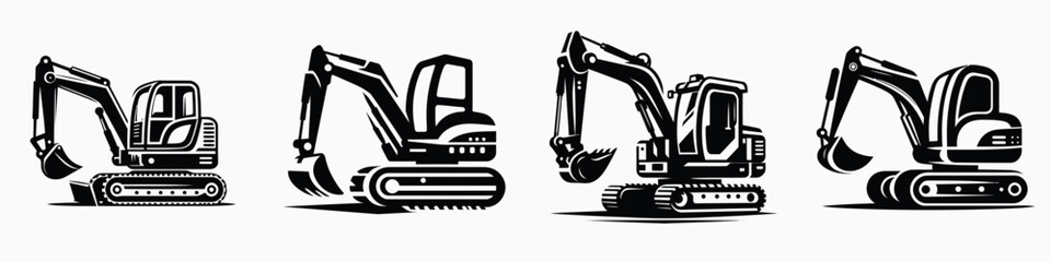 Mini Excavator. Construction Tools Builder Repair Renovation Worker Clipart Line Art Vector Illustration. Compact digger earthwork appliance rental trenching equipment.