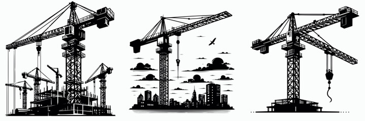 Tower Crane. Construction Tools Builder Repair Renovation Worker Clipart Line Art Vector Illustration. Vertical hoist machinery for tall building development project.