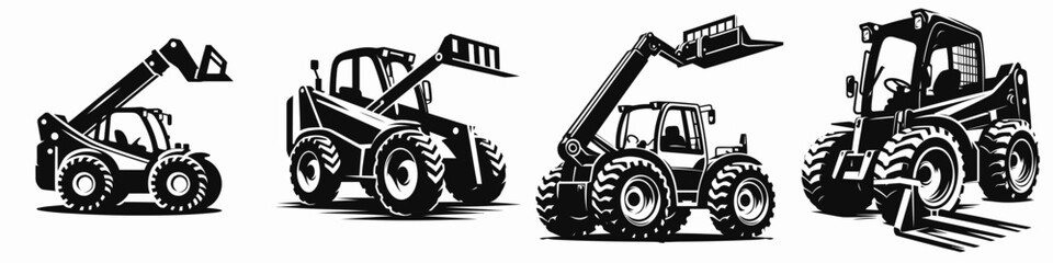 Telehandler. Construction Tools Builder Repair Renovation Worker Clipart Line Art Vector Illustration. Telescopic handler operation lift equipment for material handling and elevation.
