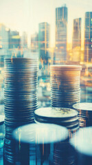 Stacks of coins against a city skyline, symbolizing finance and growth