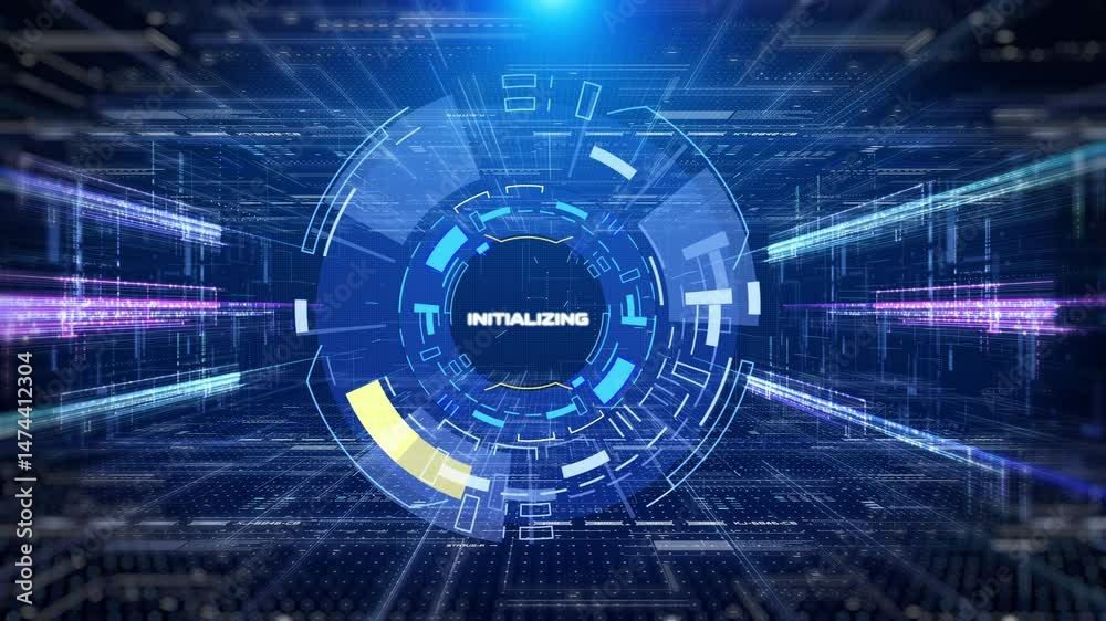 Fototapete HUD hologram circle elements spinning on blue technology tunnel data system connection interface 4K motion.