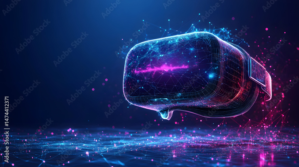 Poster futuristic vr headset with glowing wireframe design, set against a digital landscape. ideal for tech