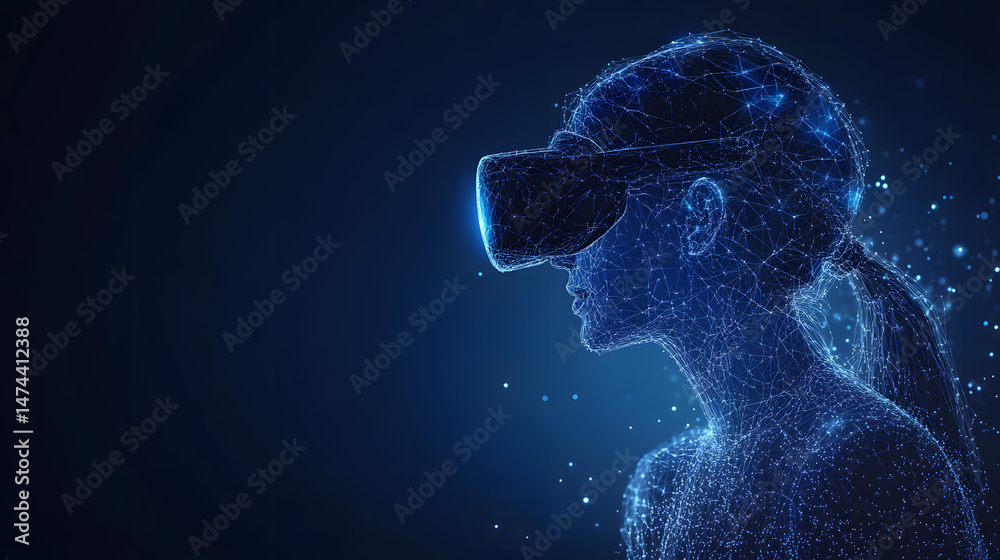 Fototapete Immerse yourself in virtual reality with this captivating wireframe figure, experiencing cutting-edge technology against a dark blue gradient background. Abstract wireframe in dark blue.