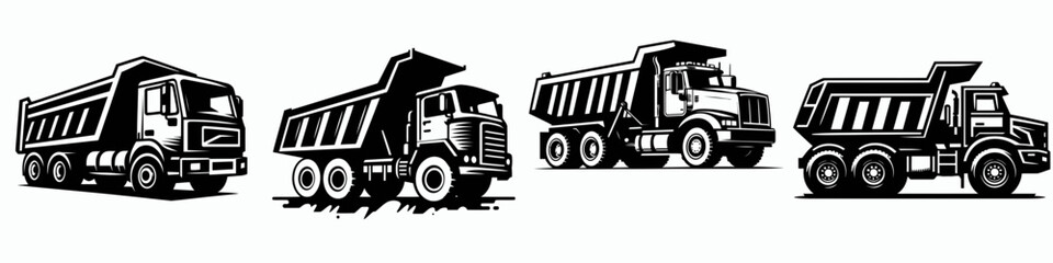 Side Dump Truck. Construction Tools Builder Repair Renovation Worker Clipart Line Art Vector Illustration. Lateral tipper lorry heavy vehicle for aggregate hauling work.