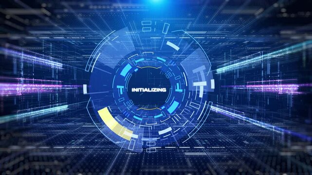 HUD hologram circle elements spinning on blue technology tunnel data system connection interface 4K motion.