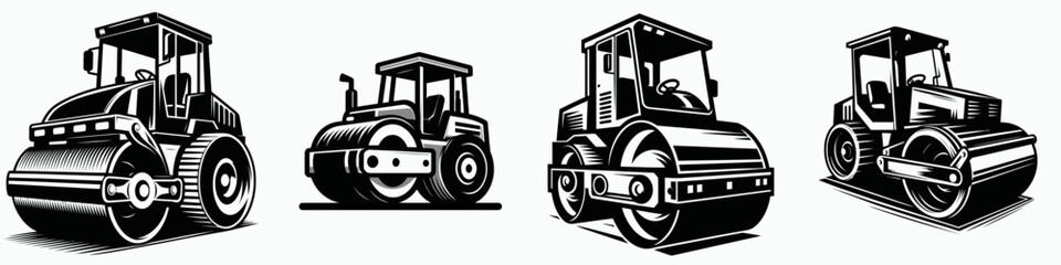Road Roller. Construction Tools Builder Repair Renovation Worker Clipart Line Art Vector Illustration. Asphalt compression equipment industrial paving machine for surface compacting.