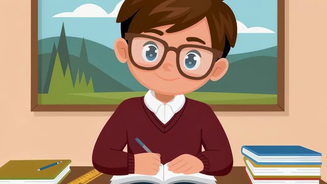 Schoolboy cartoon is writing notes in a notebook at his desk, with a picture of mountain landscape on the wall. Education in the classroom for website and banner ad creation.