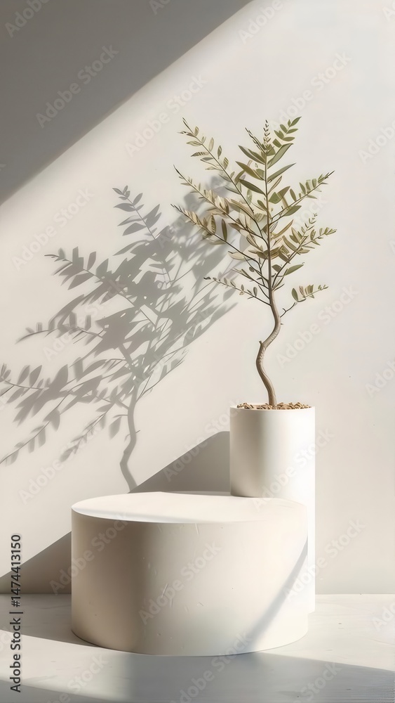 Aufkleber 白い背景にミニマルな植物の円柱台座と影が落ちる室内装飾の静物