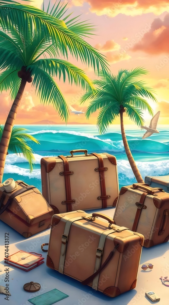 Poster ターコイズ色の海辺に積み上げられたスーツケースとヤシの木が夕日の背景に描かれた夏休みのイメージ