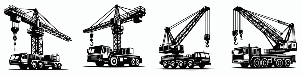 Mobile Crane. Construction Tools Builder Repair Renovation Worker Clipart Line Art Vector Illustration. Portable hoist machinery rigging equipment for heavy relocation task.