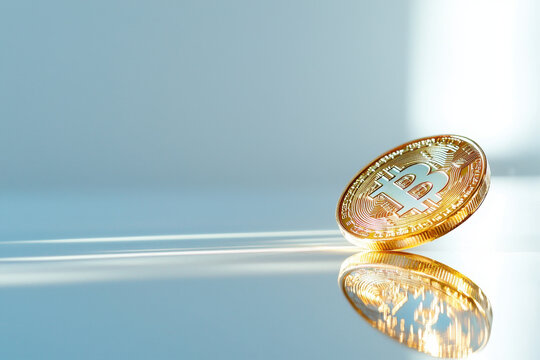 Glowing Bitcoin token reflecting on smooth surface, symbolizing digital currency and innovation