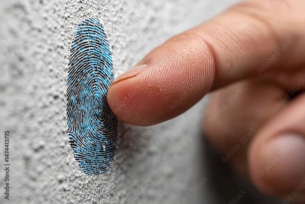 Poster finger presses against a textured surface displaying a blue and black fingerprint design, showcasing