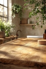 Wooden table illuminating by sunlight with blurred bathroom background, including plants and flowers, creating a peaceful and natural atmosphere