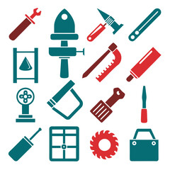 Stylized tool icons in bold red and teal colors
