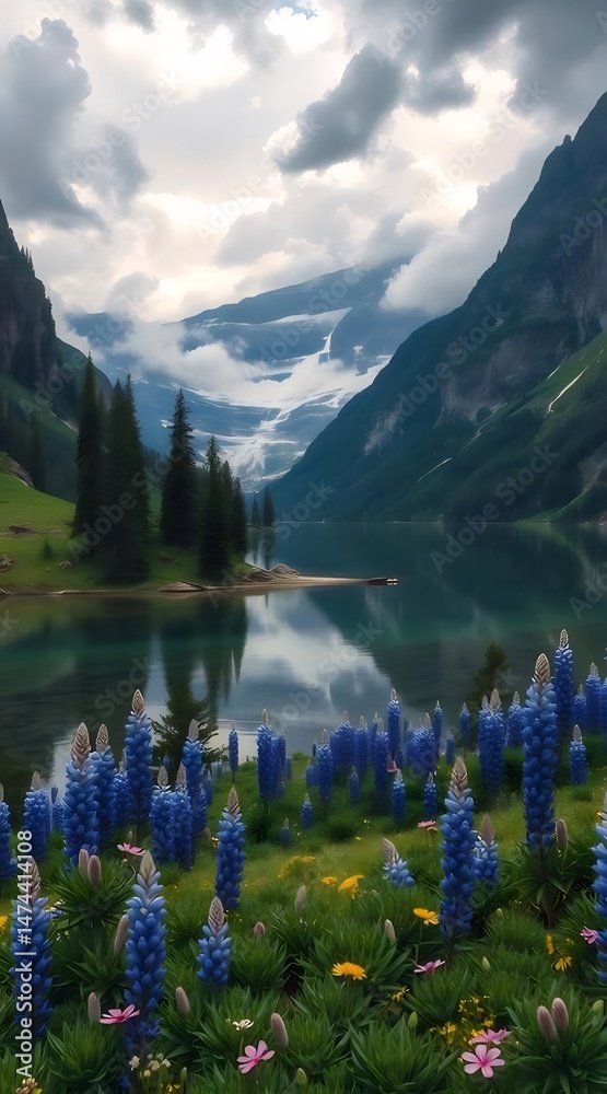 Aufkleber 花咲く湖畔と山々の穏やかな景色と雲のコントラストが美しい高山風景