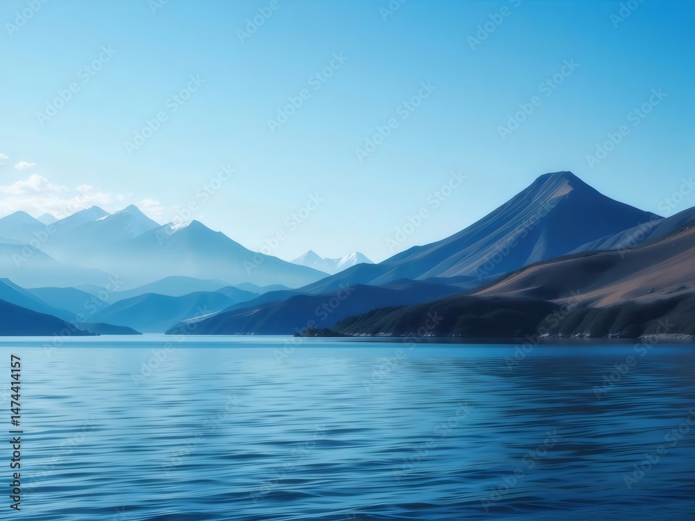 Aufkleber 青い空と山脈の息をのむような景色 広大な湖に反射する穏やかな水面 静けさと自然の美しさを描いたパノラマ風景
