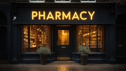 Located on a quiet street, this simple pharmacy showcases glowing signage that reads PHARMACY. Warm light spills from the interior, inviting customers inside at dusk