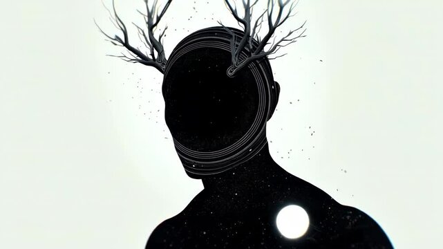 A surreal, cosmic entity stands in stark contrast against a pale, void-like background. Its form is humanoid but abstract&mdash;composed entirely of swirling, inky darkness, resembling space itself. Its fac