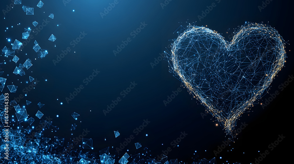 Poster Futuristic heart design formed by connected lines and dots, emerging from a similar network structure. Cool blue tones convey a sense of technology and innovation. Abstract wireframe in dark blue