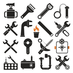 Black and white tools and equipment icons collage