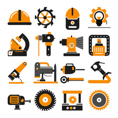 Industrial Tool Collection Icons in Black and Orange Style