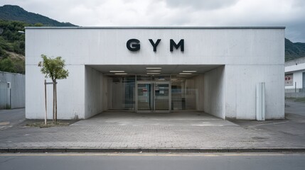 A minimalist gym features a sleek white concrete exterior with a large, bold sign. The entrance is welcoming, set against cloudy skies, inviting fitness enthusiasts