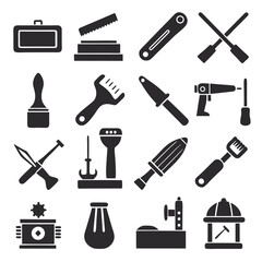 Collection of sixteen different hand tool symbols in monochrome