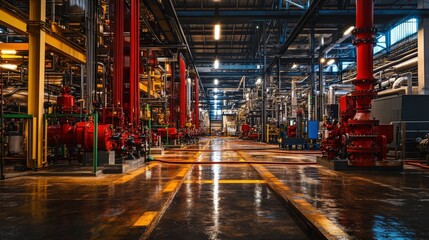 Obraz premium automated fire sprinkler system in a manufacturing facility, designed to protect machinery and workers from fire hazards