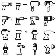 Collection of diverse drill icons in outline style