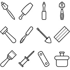 A collection of outlined tools over a white background