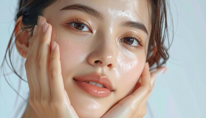 うるおいのある綺麗な肌を持つ女性モデルの顔。AIで生成