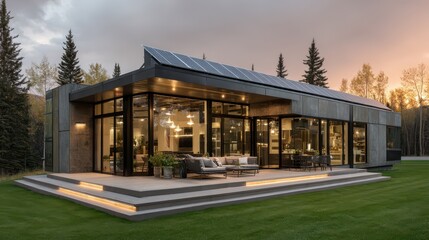 A modern modular prefab home with solar panels stands in an open grassy field. The sleek design is enhanced by large windows, showcasing a cozy interior illuminated by warm lighting at sunset