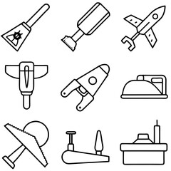 Collection of retro spaceship and technology related line icons