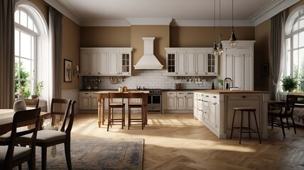 Rendering of a classic kitchen in the American style.