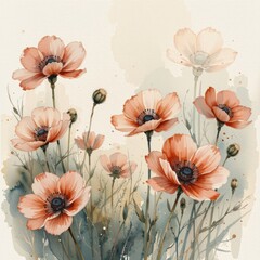 A delicate watercolor painting showcases a cluster of peach and white wildflowers, their stems and buds subtly rendered against a soft beige background, creating a serene and