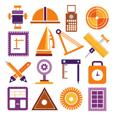 Construction tools icons set with orange and purple colors
