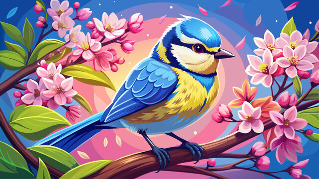  portrait bird perching on branch with flowers of blossom cherry tree. Blue tit. Parus caeruleus Very beautiful