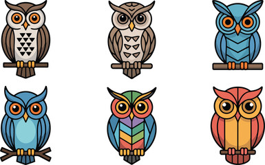 Adorable cartoon owls in various colors perched on branches with a whimsical flat design