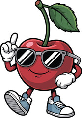 Cartoon cherry character wearing sunglasses and sneakers giving a cool gesture smiling