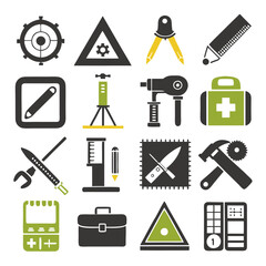 Assorted engineering and construction icons in a flat design
