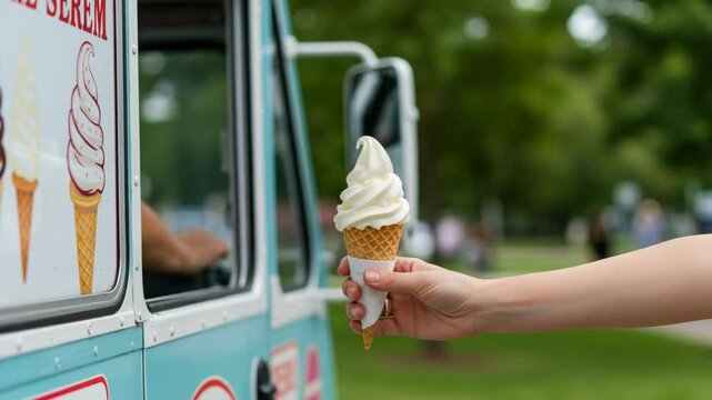 Hand holding a soft serve ice cream cone received from an ice cream truck window on a sunny day, representing summer treats, refreshment, nostalgia, and mobile food vending services