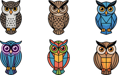 Colorful owl illustrations in various styles representing wisdom and nighttime creatures